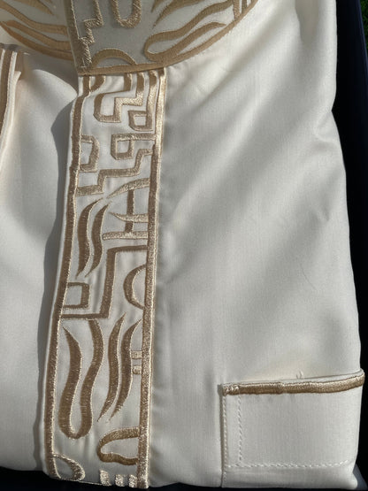 Mens Cream Saudi Thobe with Gold Embroidery