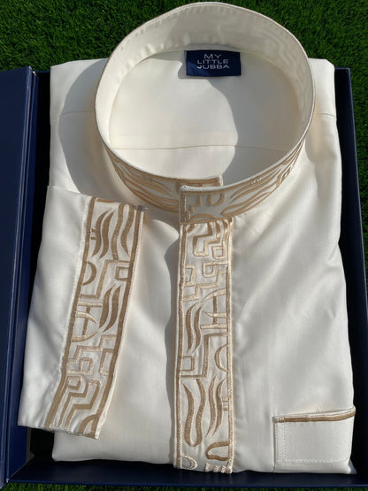 Mens Cream Saudi Thobe with Gold Embroidery