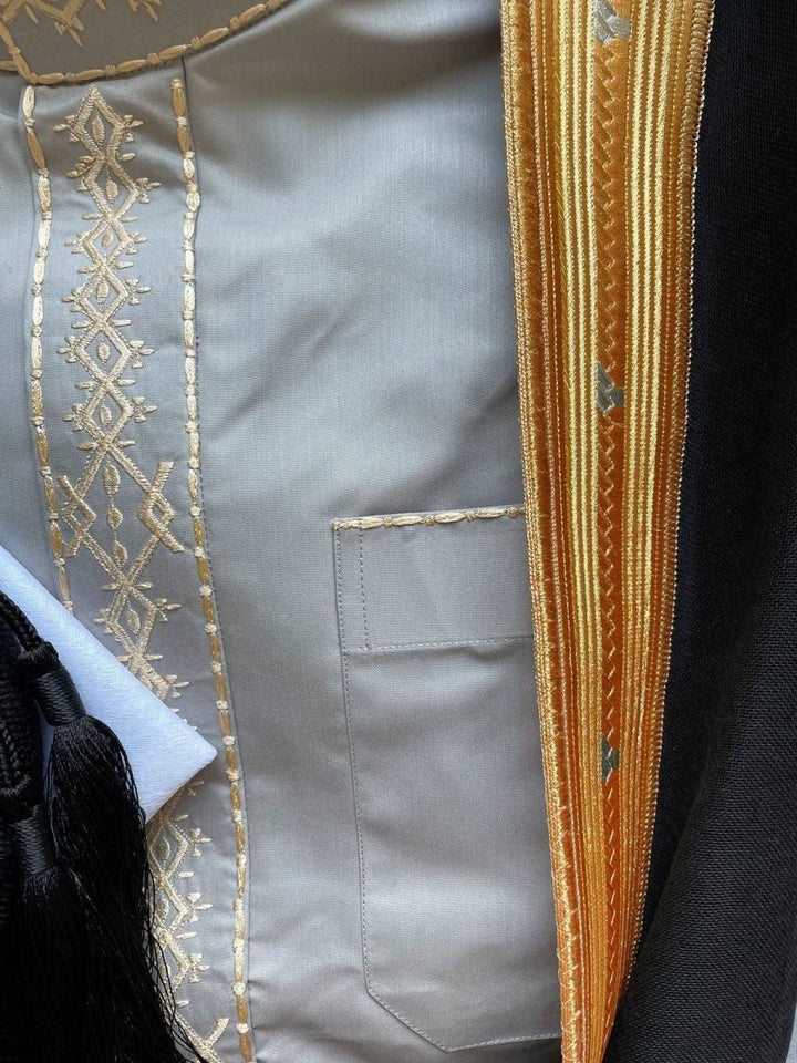 Mens Grey Thobe with Gold Embroidery 5 Pcs Set