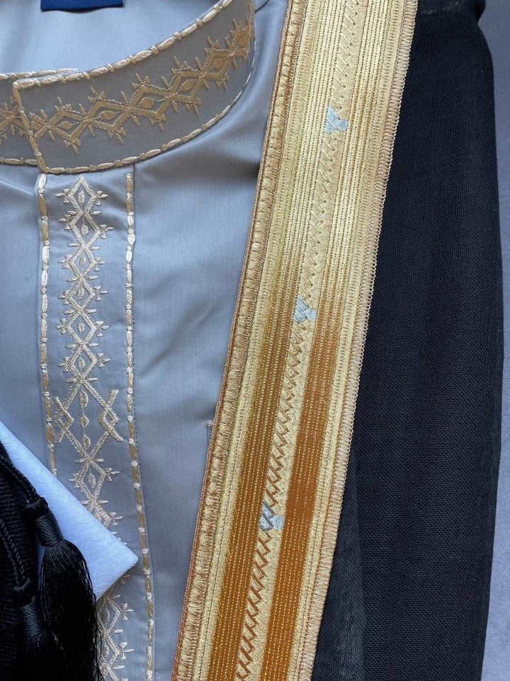 Mens Grey Thobe with Gold Embroidery 5 Pcs Set