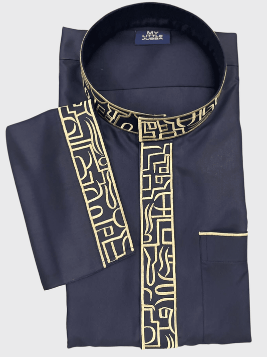 Mens Deep Denim Blue Kuwaiti Thobe with Gold Embroidery
