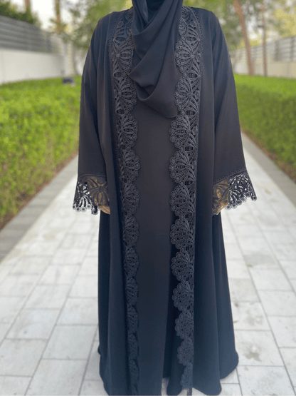 Black Open Abaya with Lace Detailing