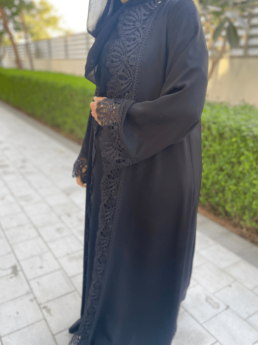 Black Open Abaya with Lace Detailing