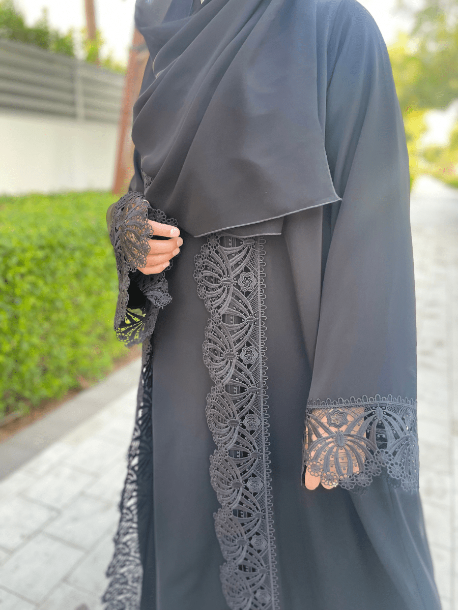 Black Open Abaya with Lace Detailing