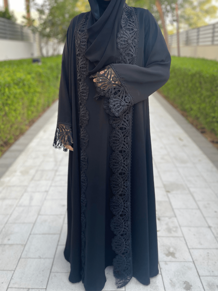 Black Open Abaya with Lace Detailing