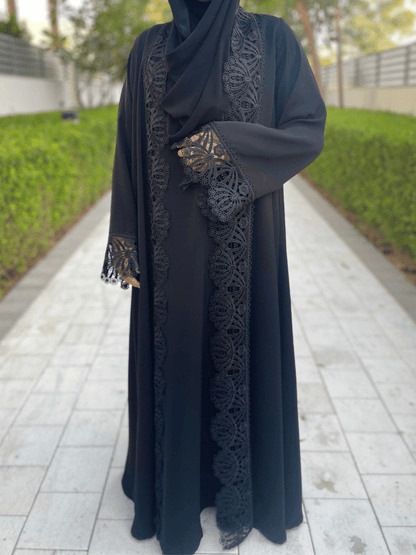 Black Open Abaya with Lace Detailing