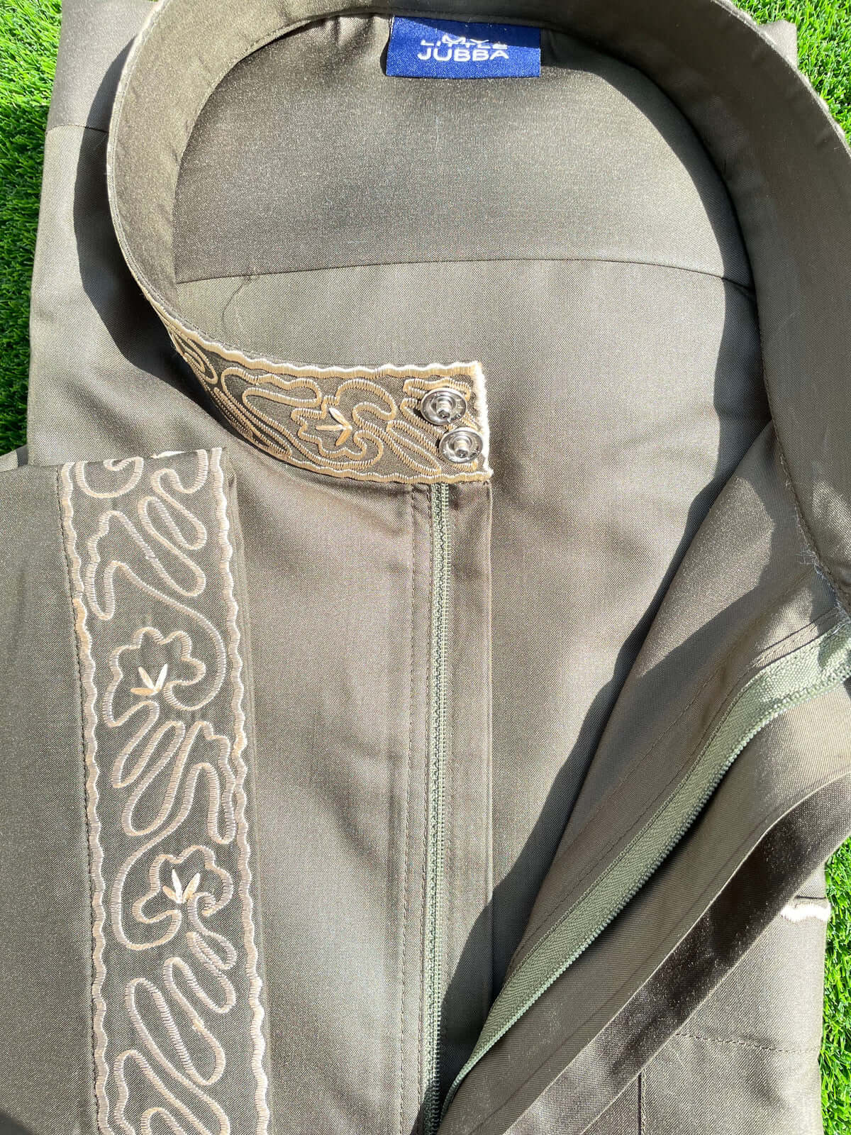 Mens Army Green Kuwaiti Thobe with Gold Embroidery