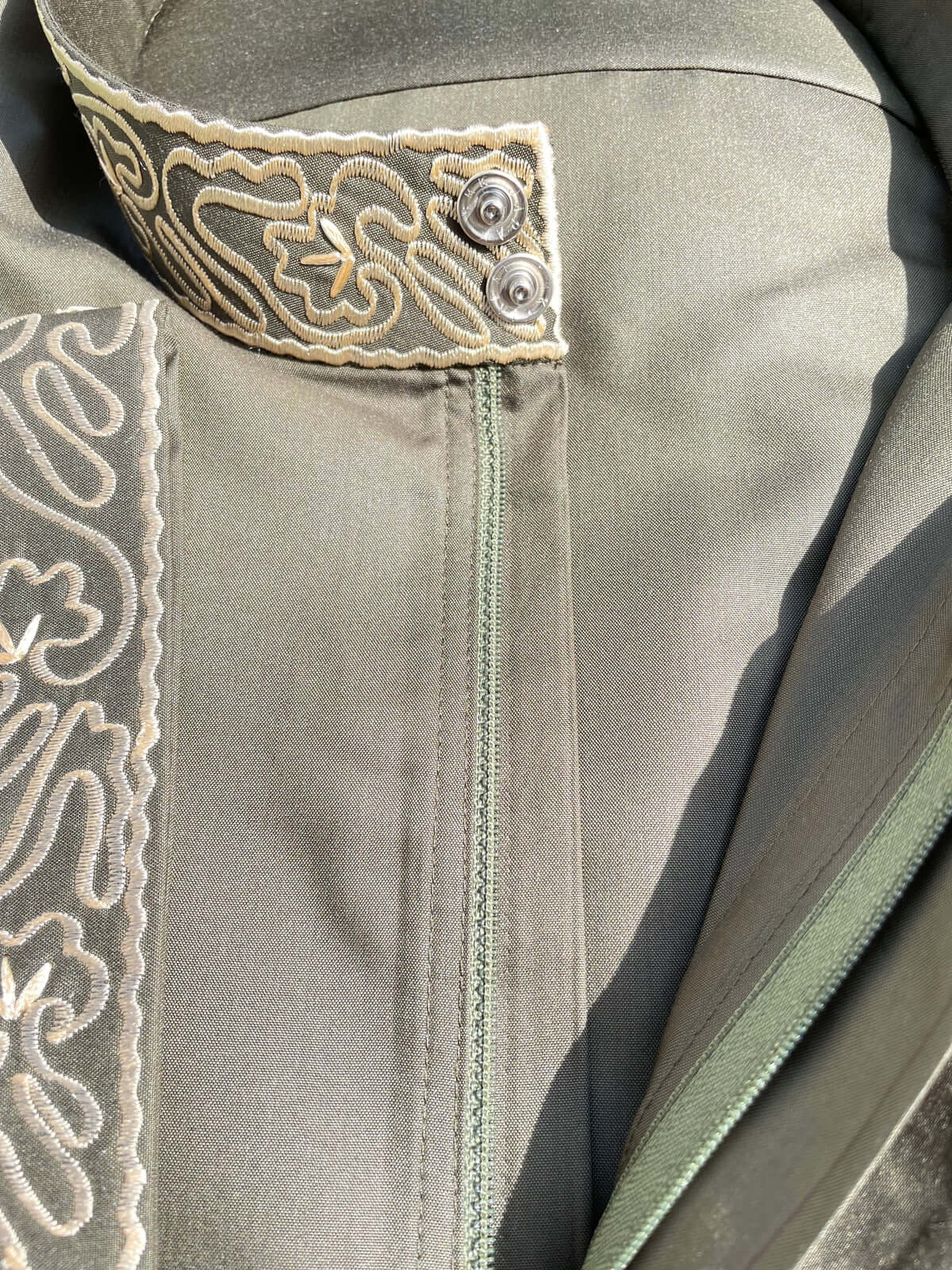 Mens Army Green Kuwaiti Thobe with Gold Embroidery