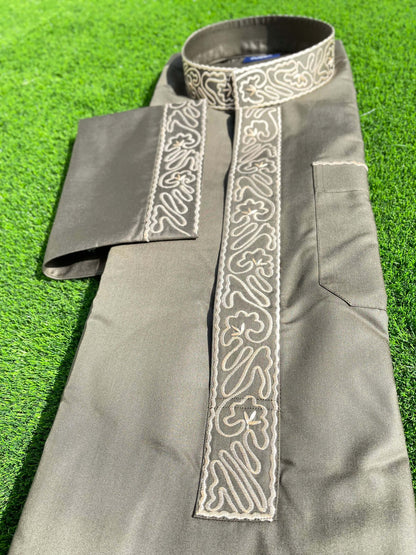 Mens Army Green Kuwaiti Thobe with Gold Embroidery