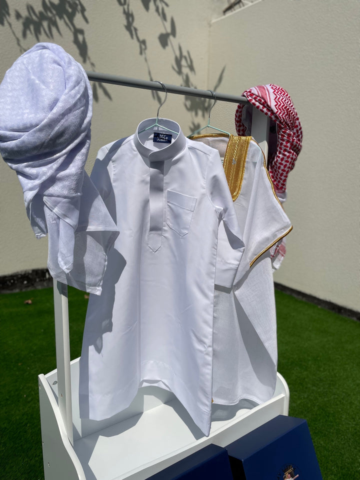 Deluxe Baby Boy Thobe Gift Set | White Bisht 0-12 Months - 4 Items