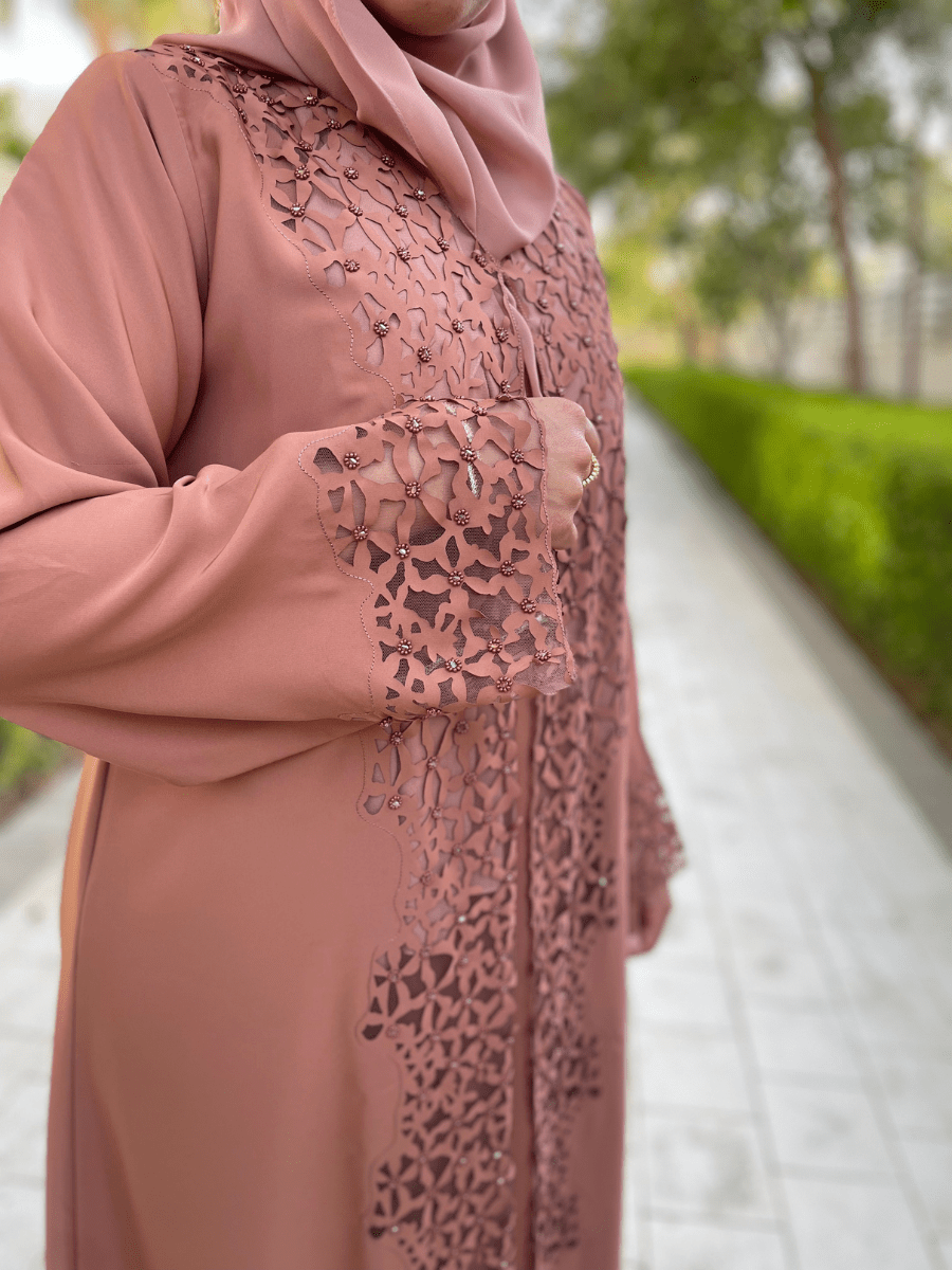 Coral Beige Abaya with Intricate Detailing