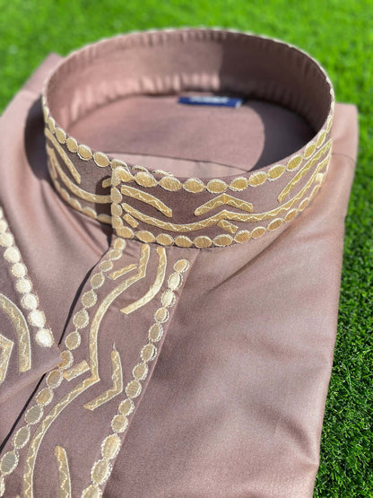 Mens Taupe Kuwaiti Thobe with Gold Embroidery