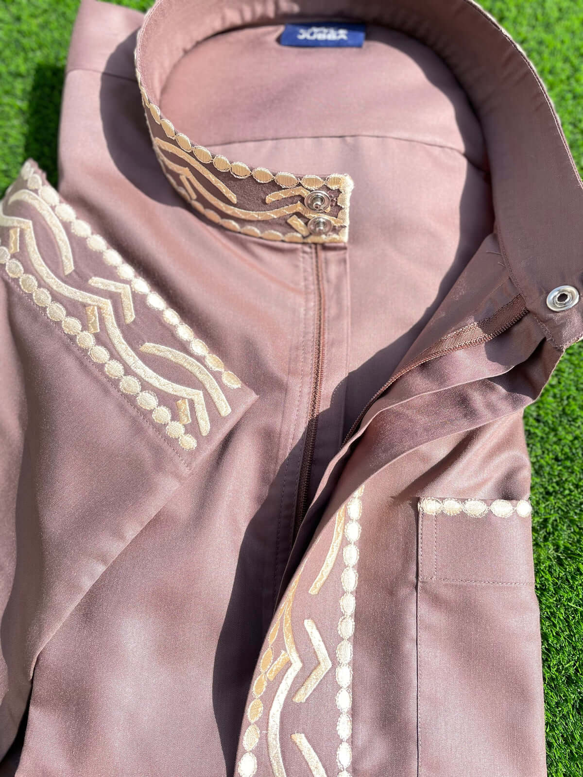 Mens Taupe Kuwaiti Thobe with Gold Embroidery