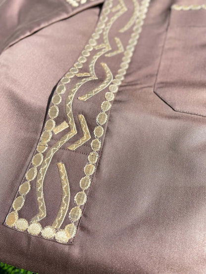 Mens Taupe Kuwaiti Thobe with Gold Embroidery