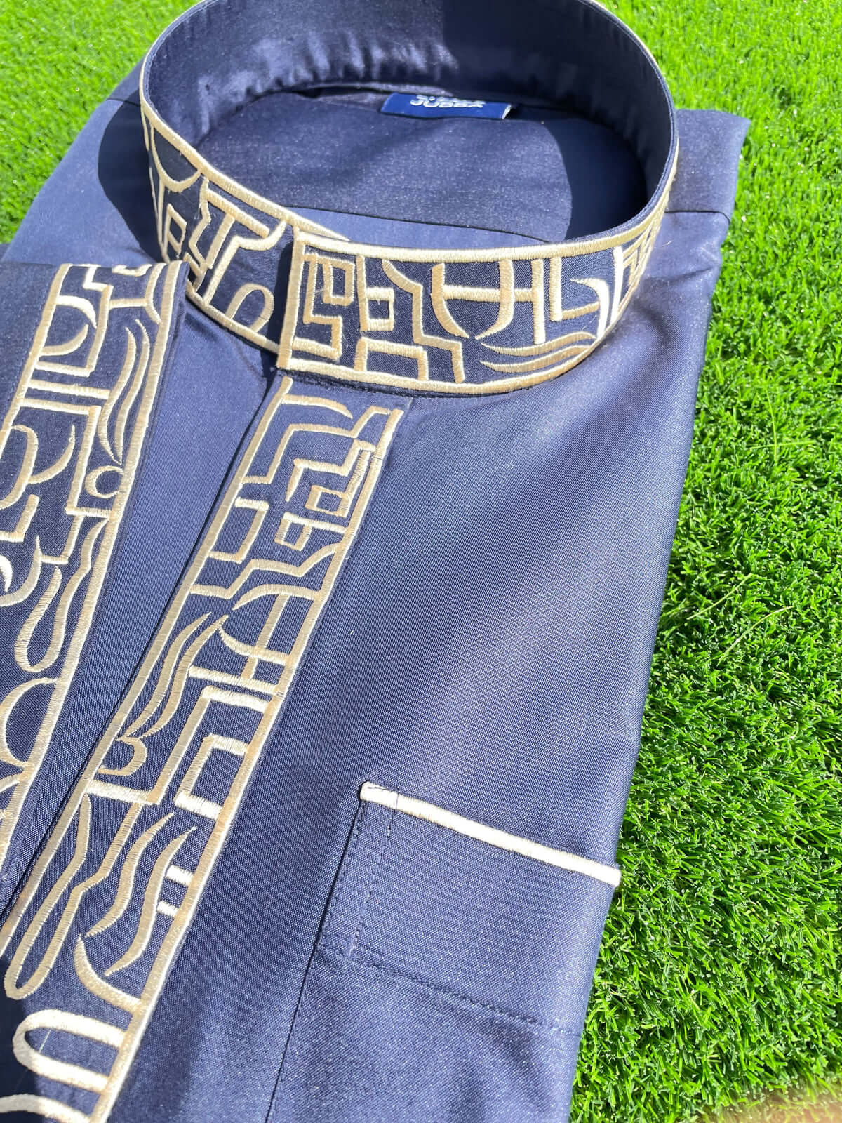 Mens Deep Denim Blue Kuwaiti Thobe with Gold Embroidery