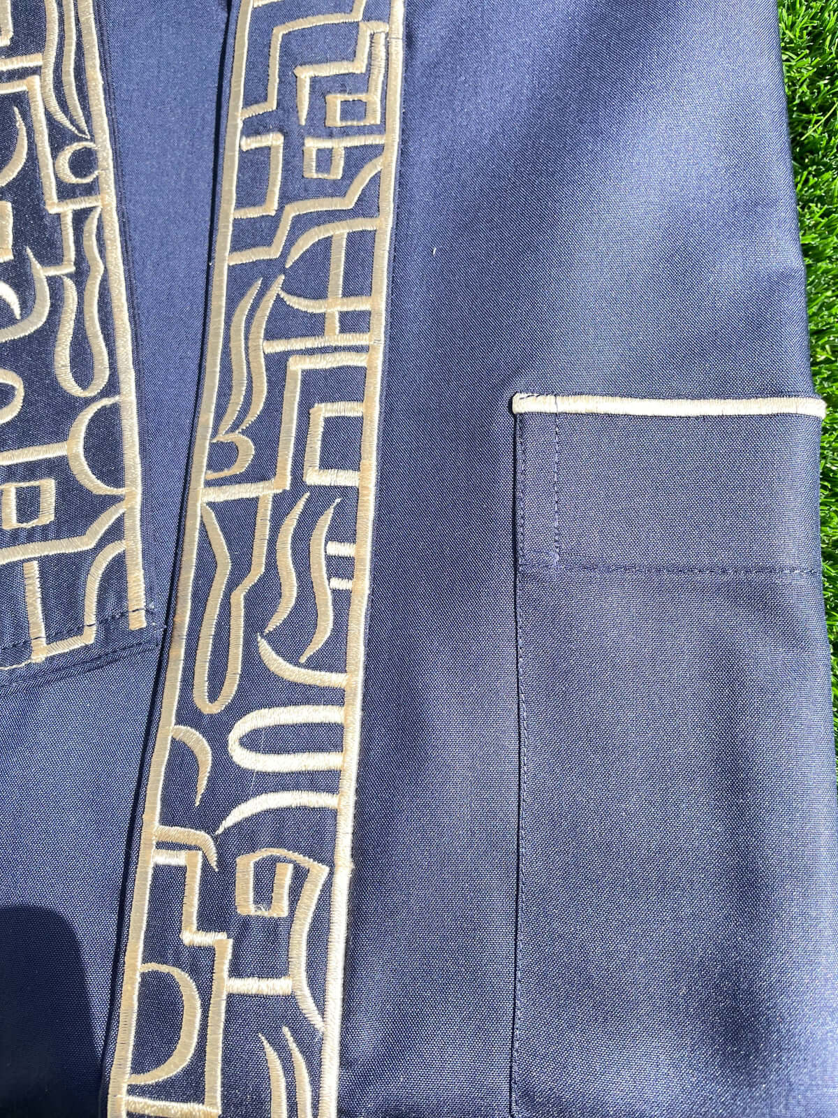 Mens Deep Denim Blue Kuwaiti Thobe with Gold Embroidery