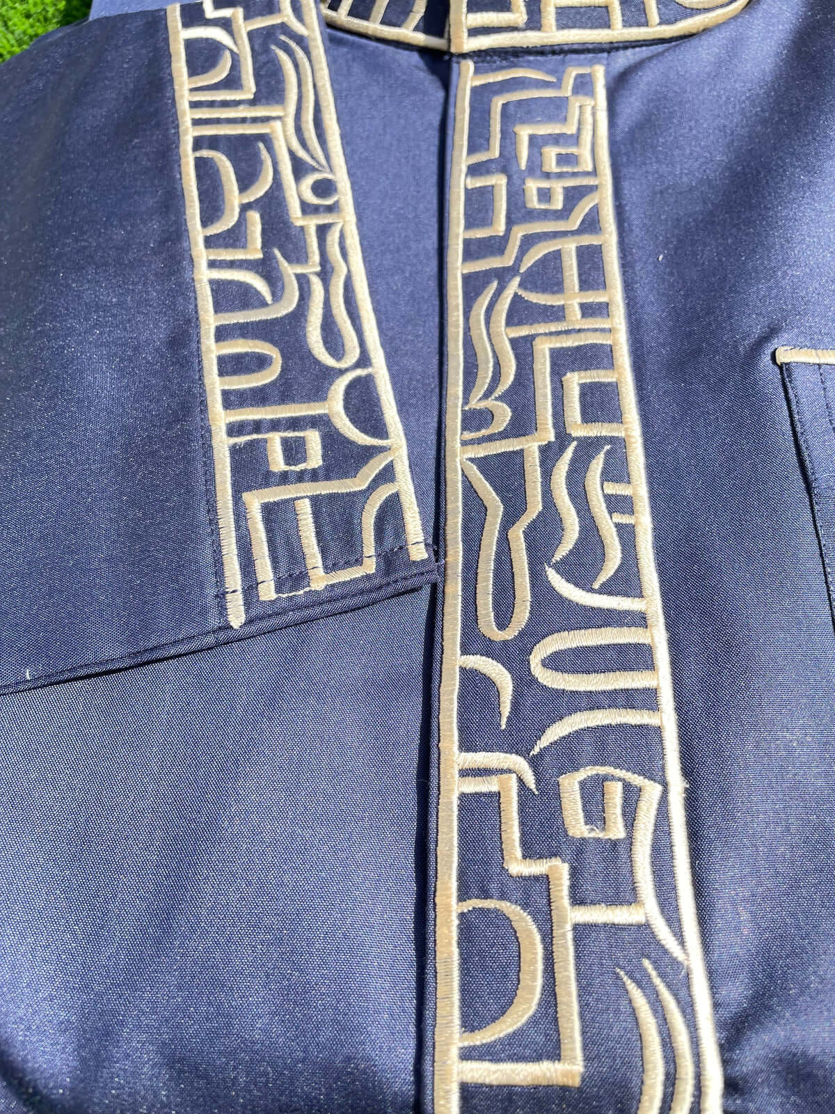 Mens Deep Denim Blue Kuwaiti Thobe with Gold Embroidery