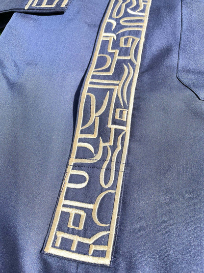 Mens Deep Denim Blue Kuwaiti Thobe with Gold Embroidery