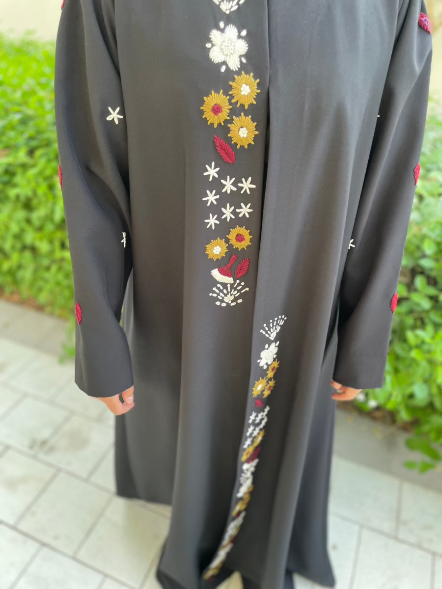 Elegant Black Open Abaya with Vertical Floral Accents