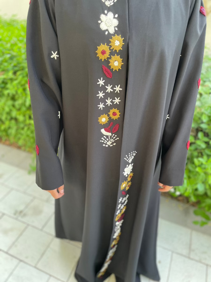 Elegant Black Open Abaya with Vertical Floral Accents