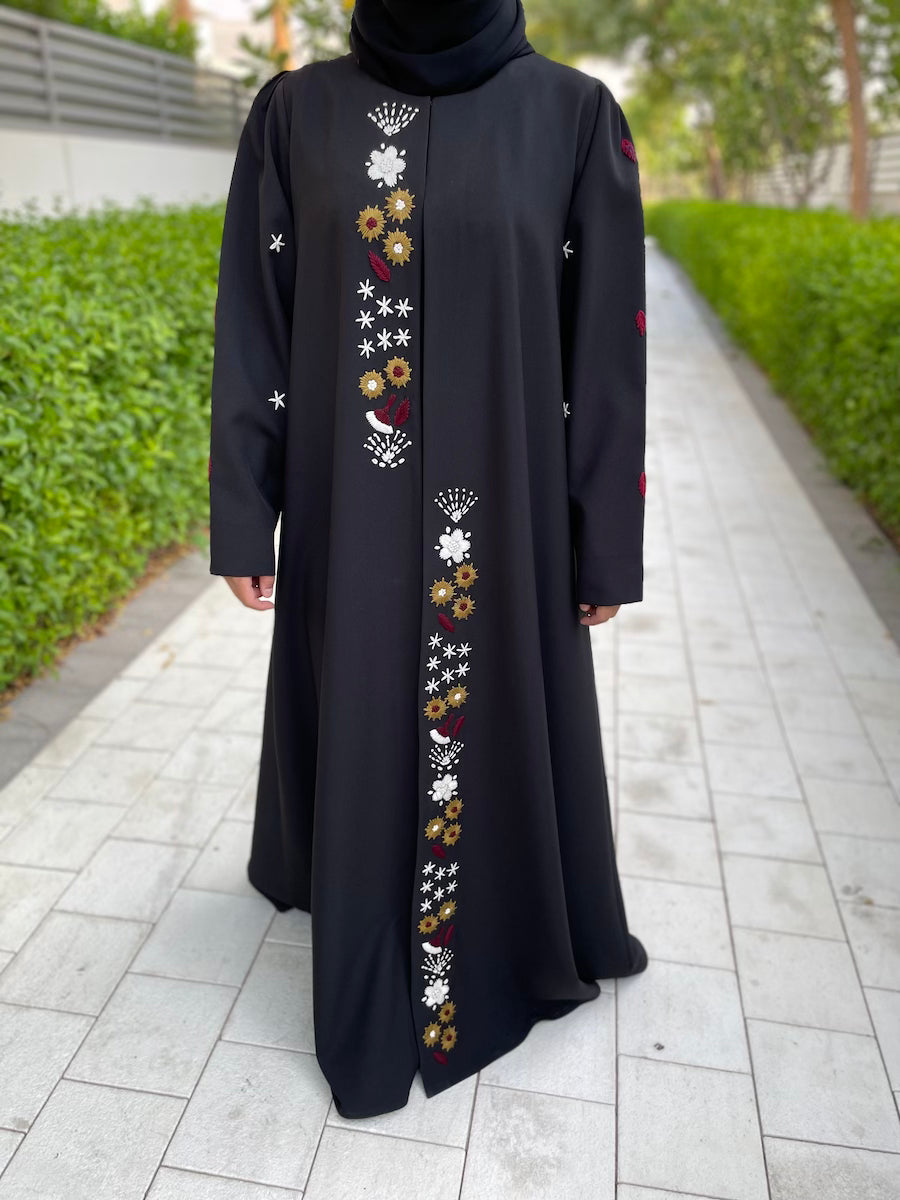 Elegant Black Open Abaya with Vertical Floral Accents