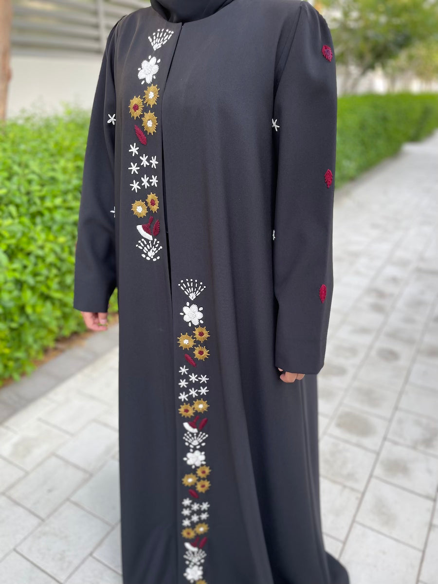 Elegant Black Open Abaya with Vertical Floral Accents