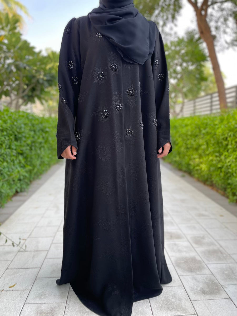 Black Open Abaya with Floral Embossed Design and Handcrafted Beading