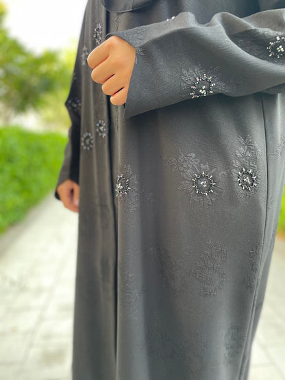 Black Open Abaya with Floral Embossed Design and Handcrafted Beading