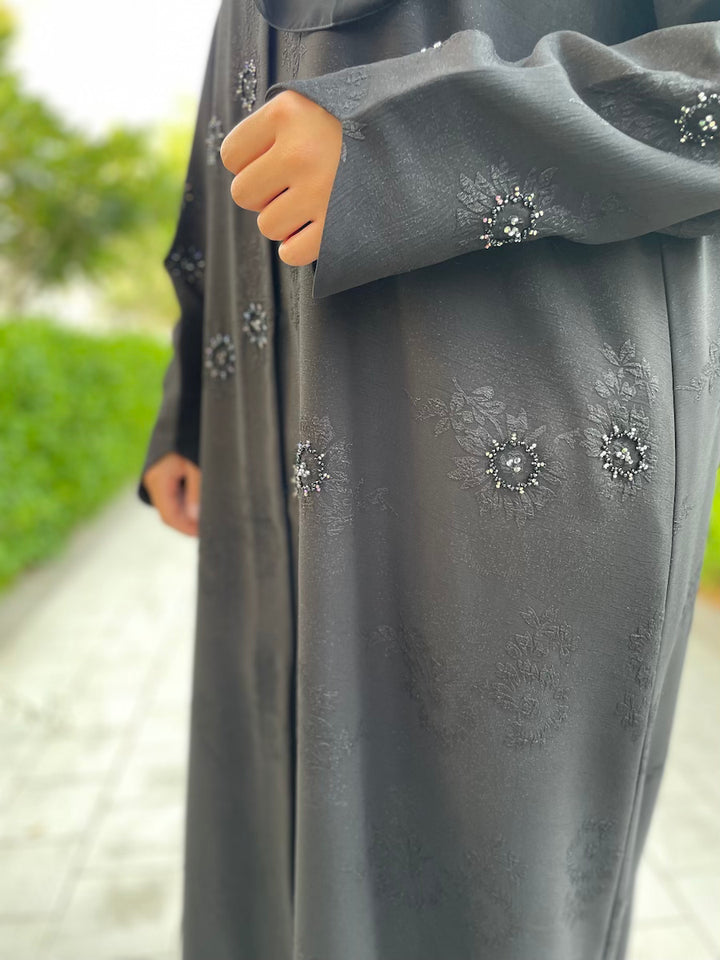 Black Open Abaya with Floral Embossed Design and Handcrafted Beading