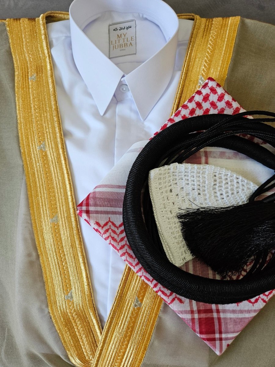 Mens Qatari Thobe 5 Pcs Set Red Shemagh