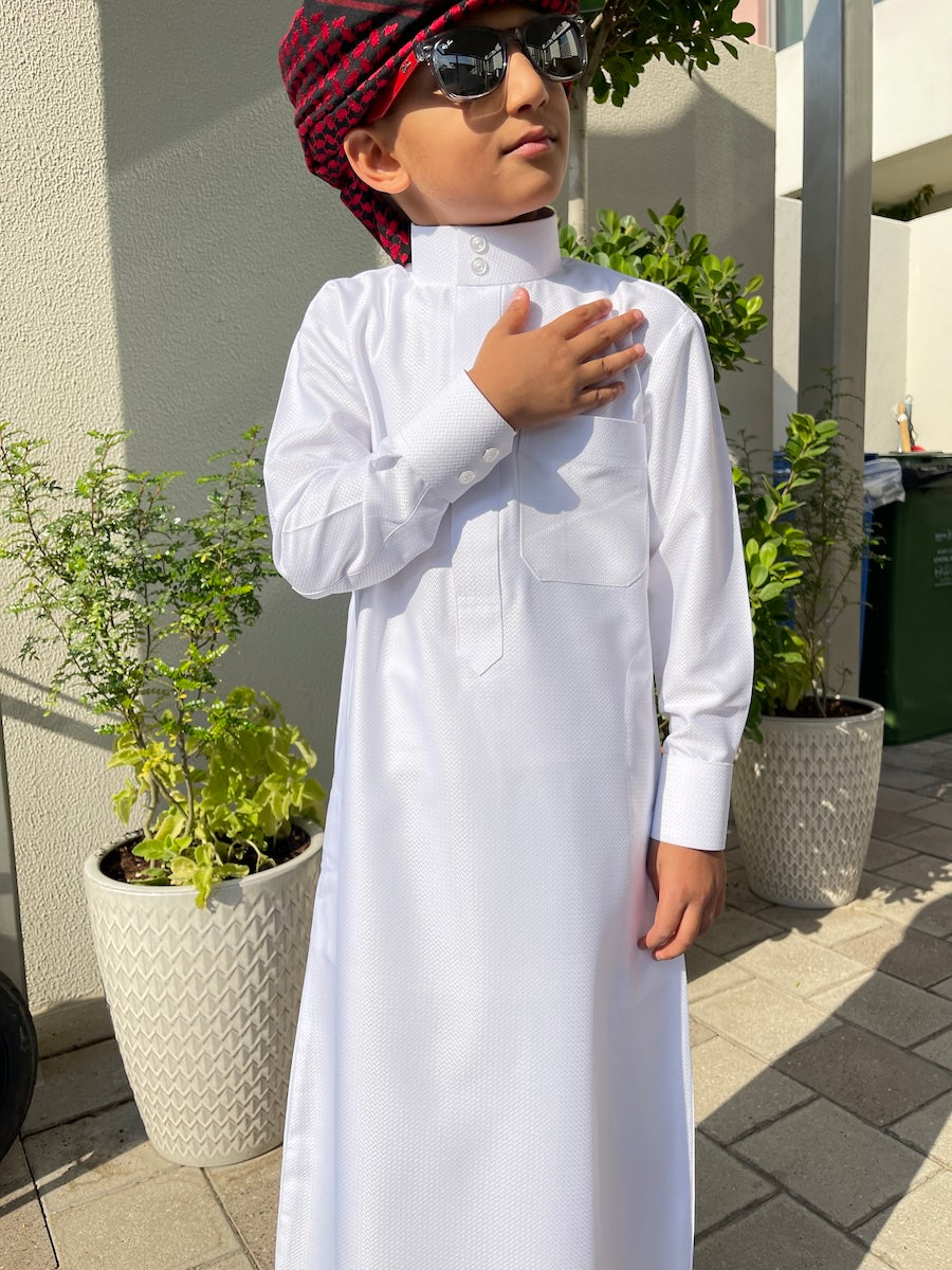 Kids Saudi Embossed White Jubba Thobe