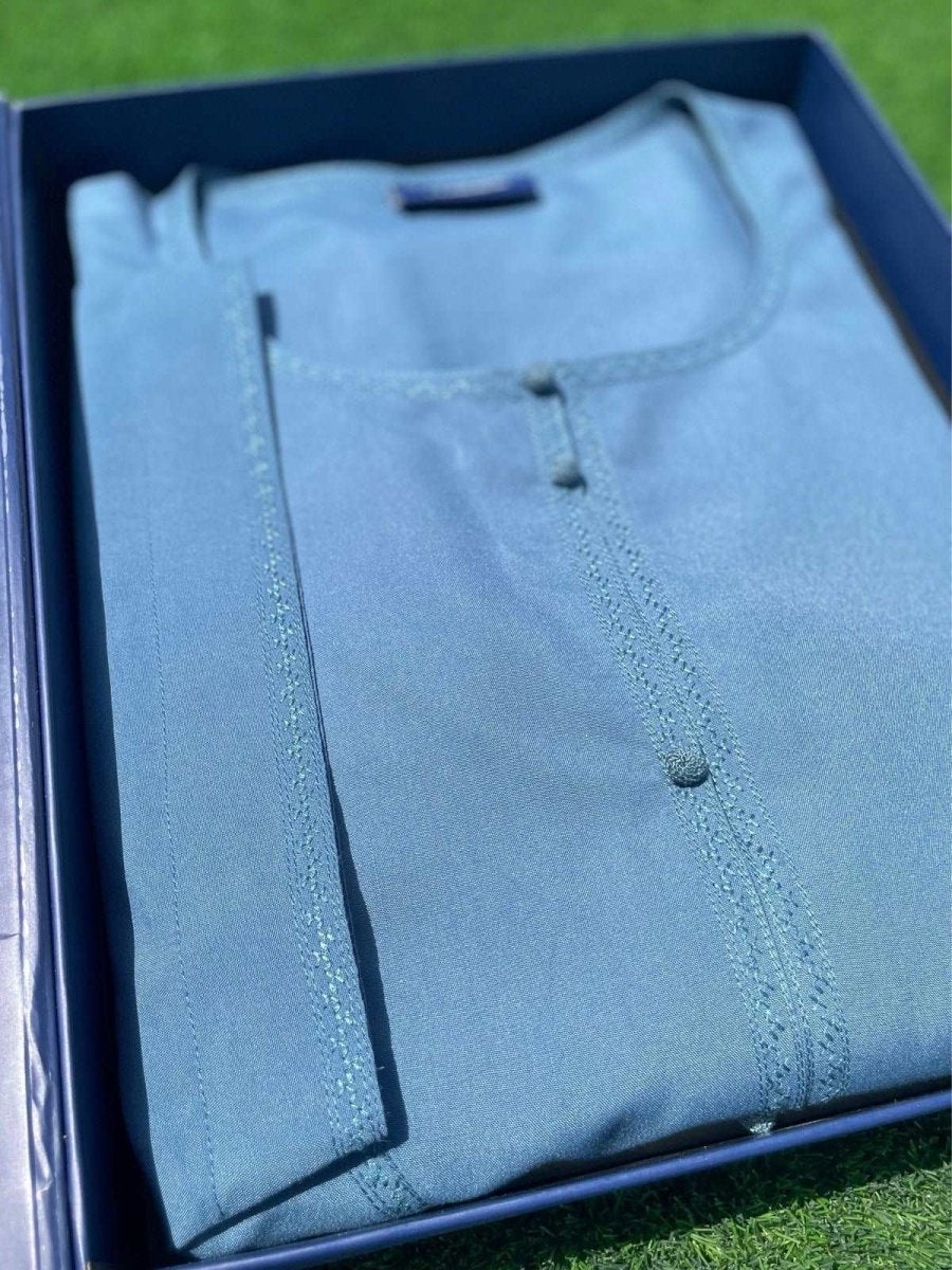 Mens Ice Blue Omani Short Sleeve Thobe Jubba