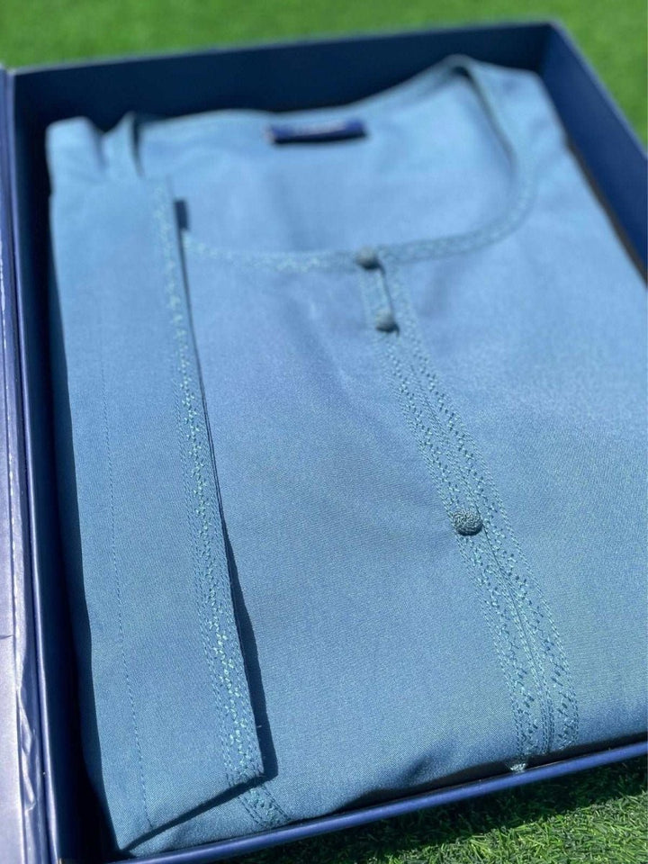 Mens Ice Blue Omani Short Sleeve Thobe Jubba