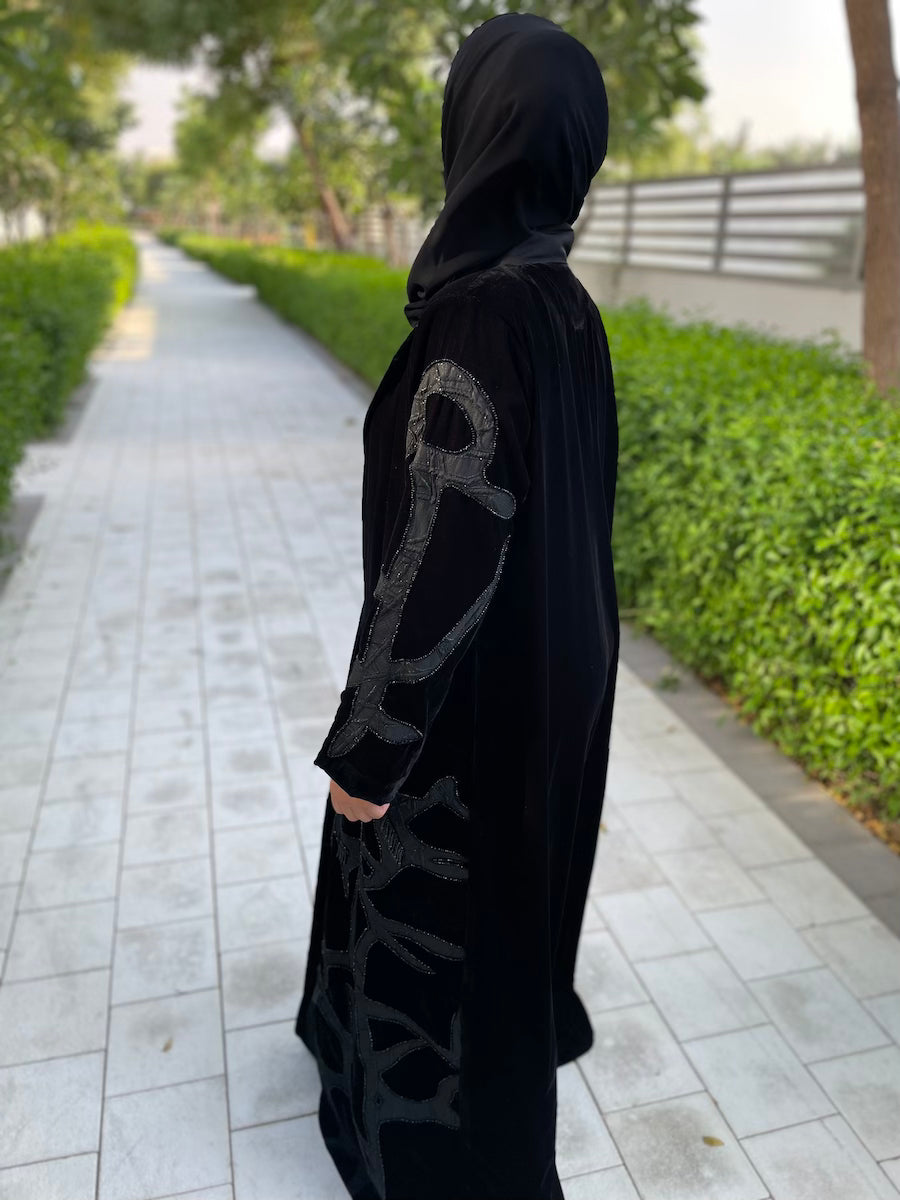 Thick Velvet Black Open Abaya with Elegant Embroidery