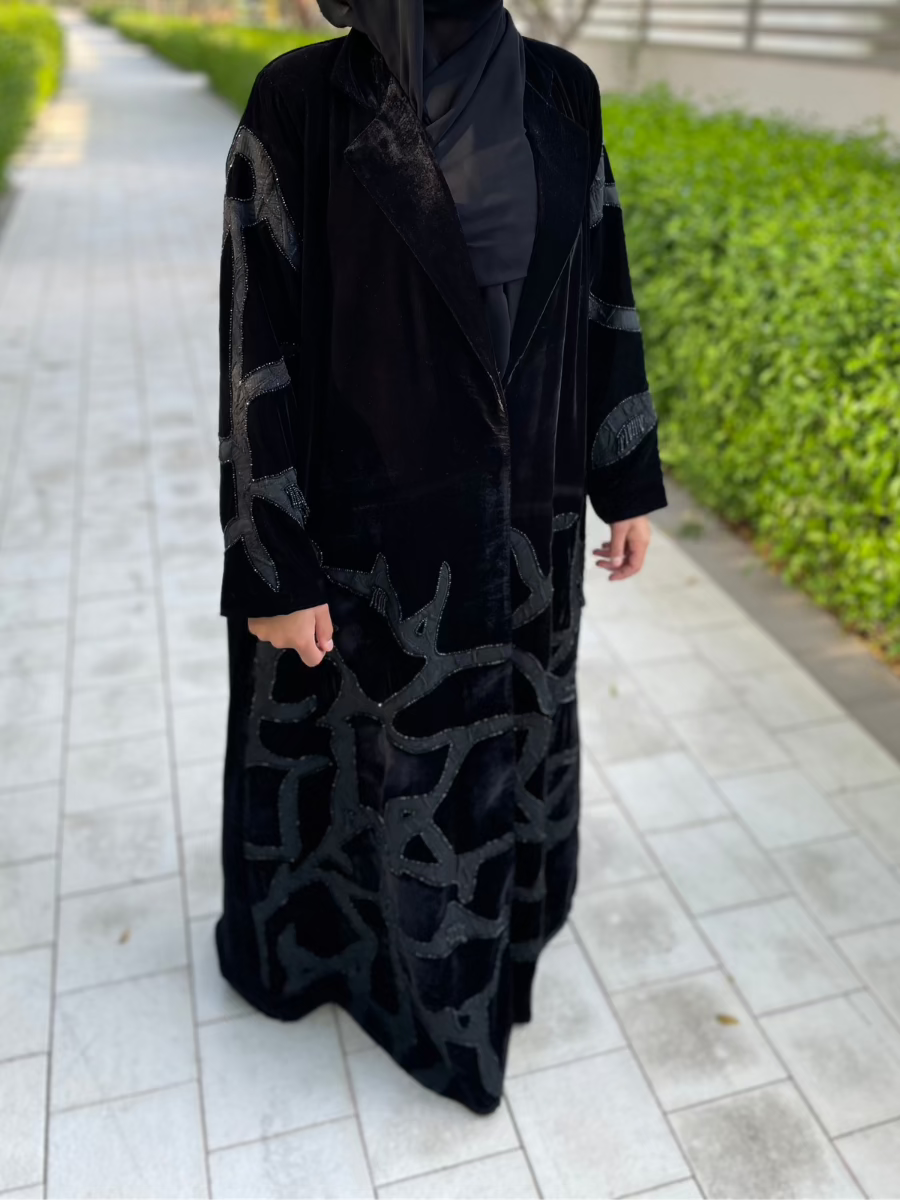 Thick Velvet Black Open Abaya with Elegant Embroidery