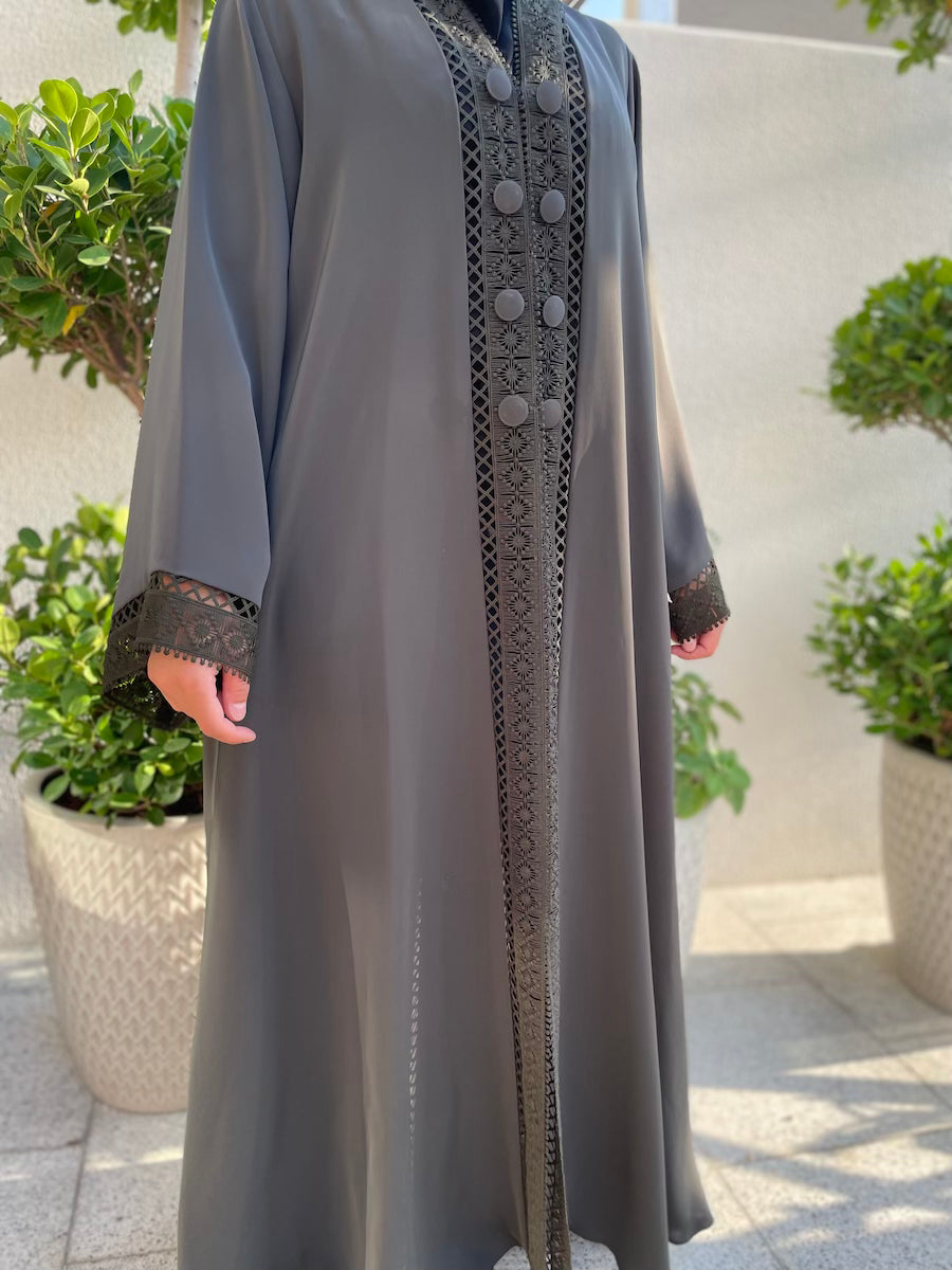 Grey Open Abaya with Lace Cuffs and Button Detailing