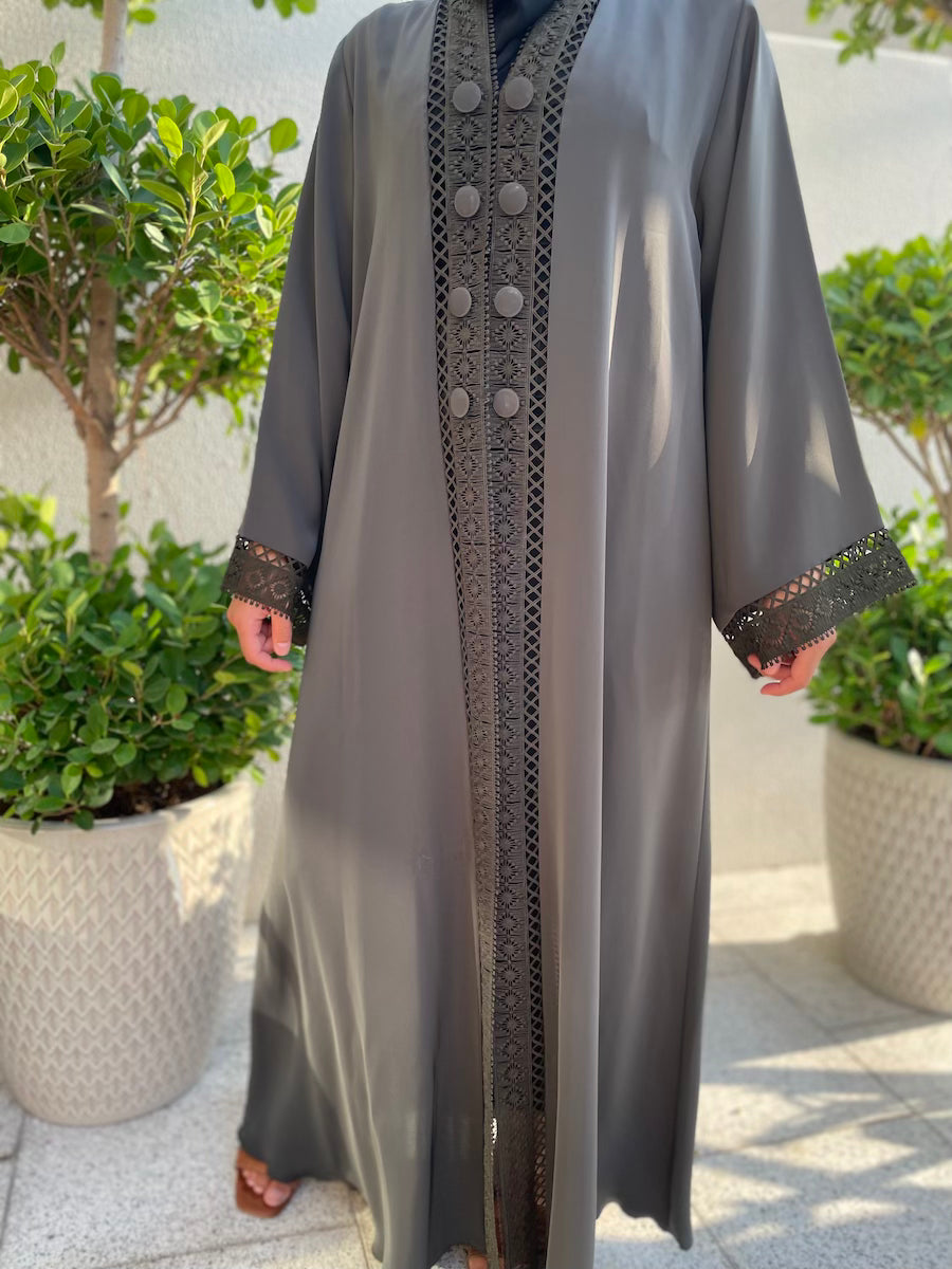 Grey Open Abaya with Lace Cuffs and Button Detailing