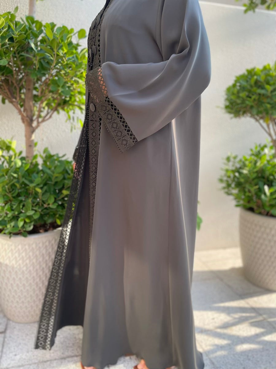 Grey Open Abaya with Lace Cuffs and Button Detailing