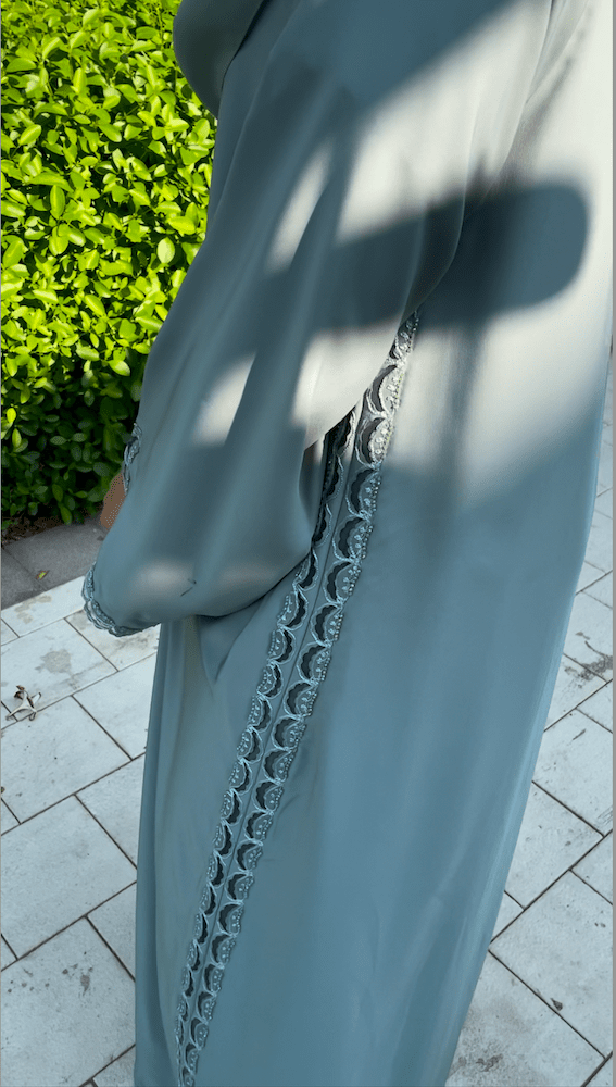Mint Green Embroidery Abaya with Intricate Bead Detailing